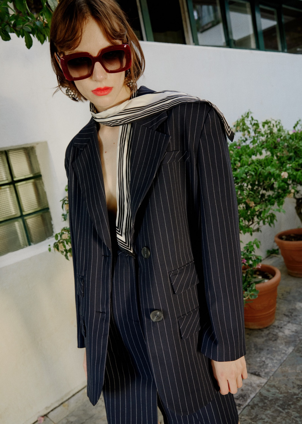 Special Design Striped Oversize Jacket - Design Striped Office Length Skirt