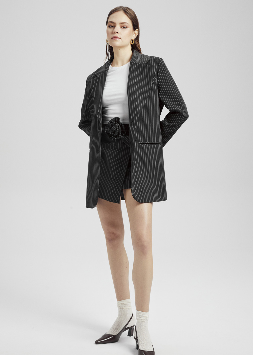 Design Long Striped Blazer Jacket,Design Rose Detail Mini Skirt