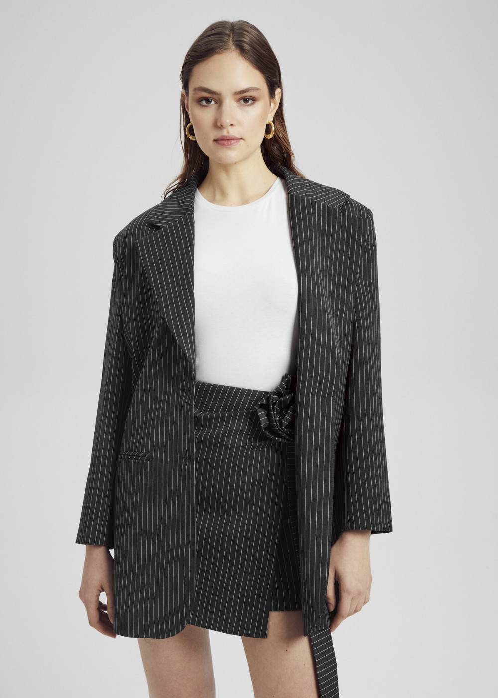 Design Long Striped Blazer Jacket,Design Rose Detail Mini Skirt