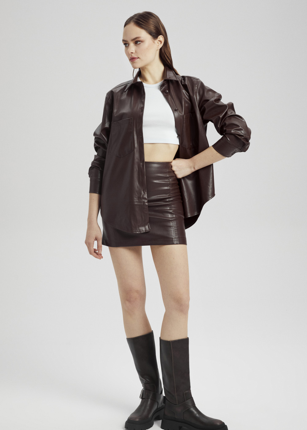 Leather Shirt,Leather Straight Mini Skirt