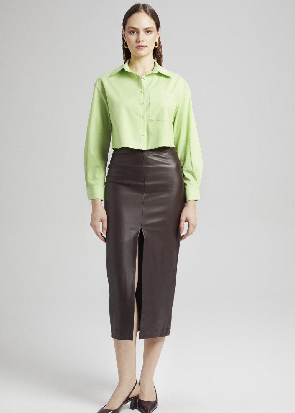 Midi Length Leather Skirt with Slit
