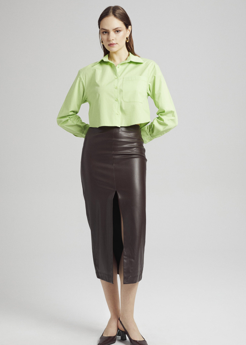 Midi Length Leather Skirt with Slit