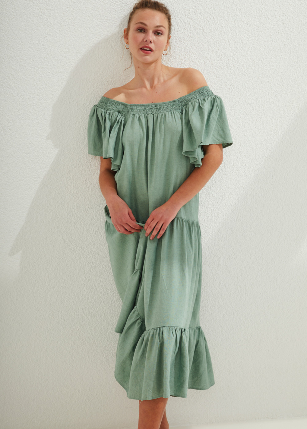 Linen Ruffle Detailed Midi Dress Linen Ruffle Detailed Midi Dress