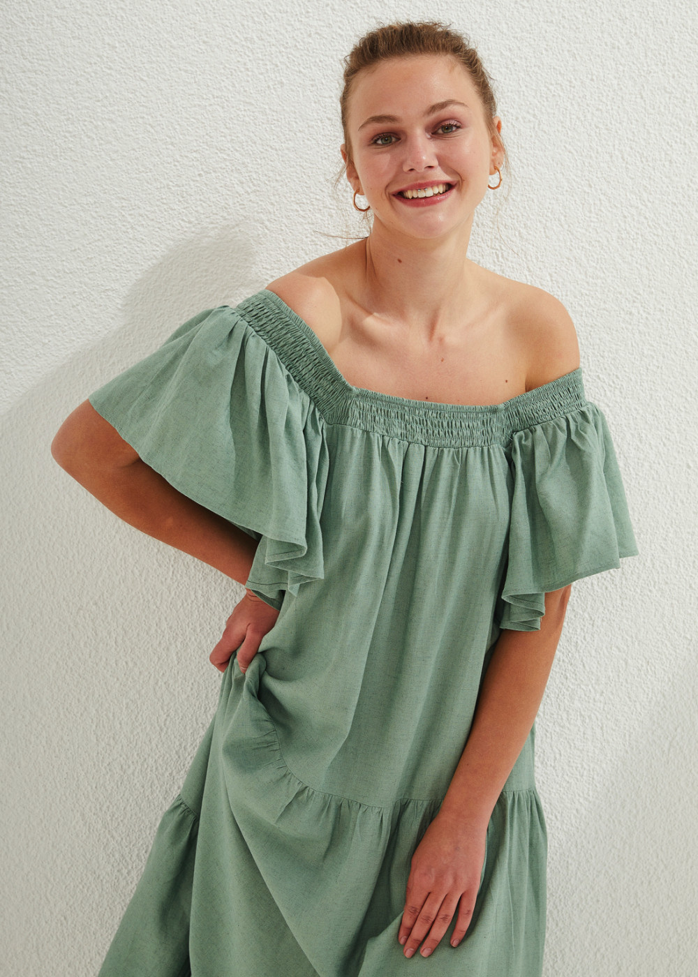 Linen Ruffle Detailed Midi Dress Linen Ruffle Detailed Midi Dress
