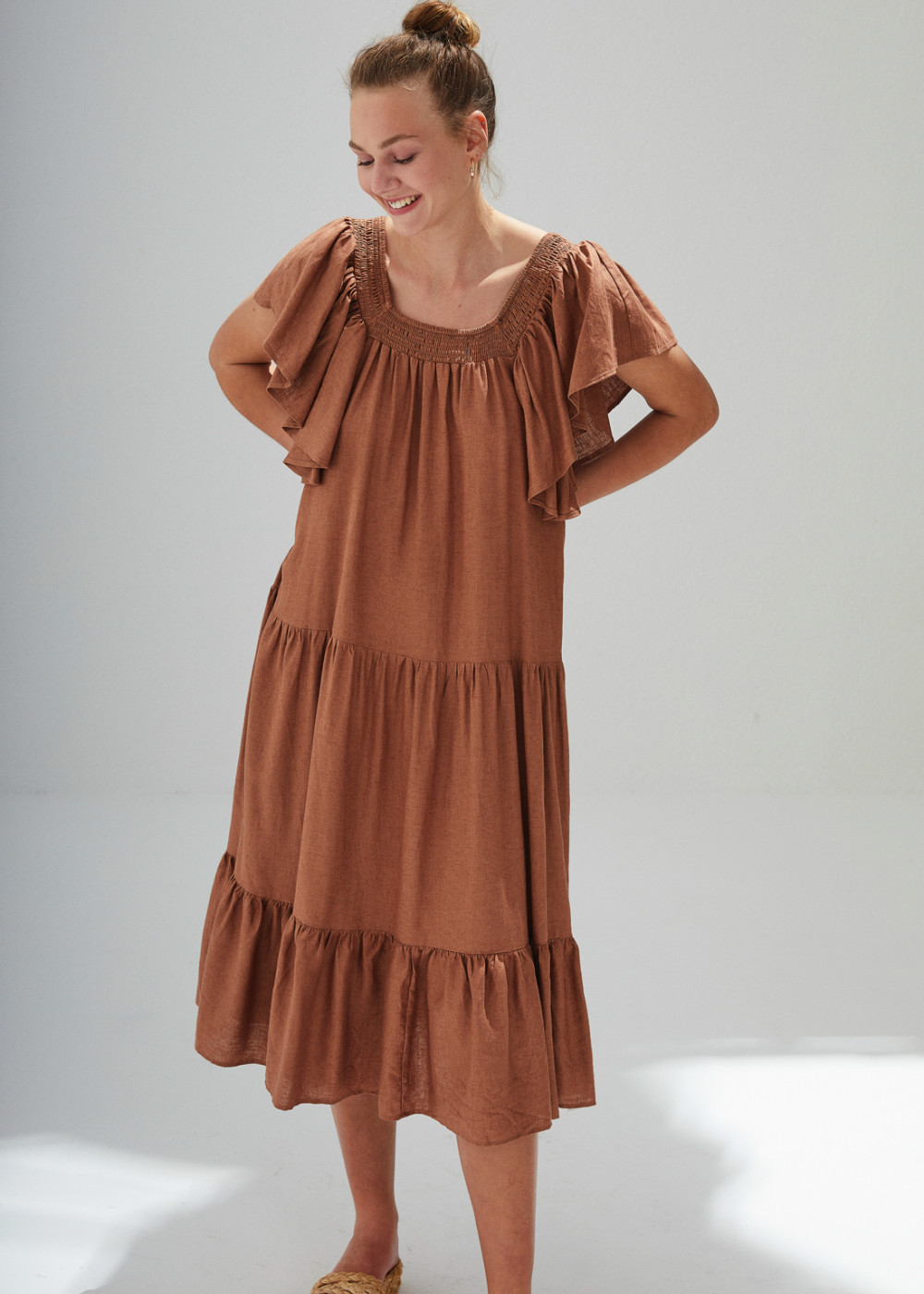 Linen Ruffle Detailed Midi Dress Linen Ruffle Detailed Midi Dress