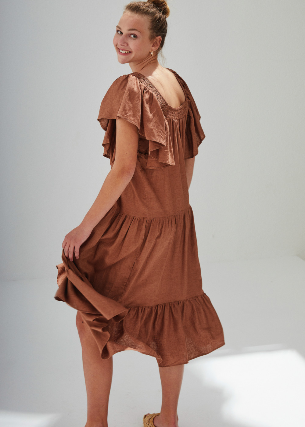 Linen Ruffle Detailed Midi Dress Linen Ruffle Detailed Midi Dress