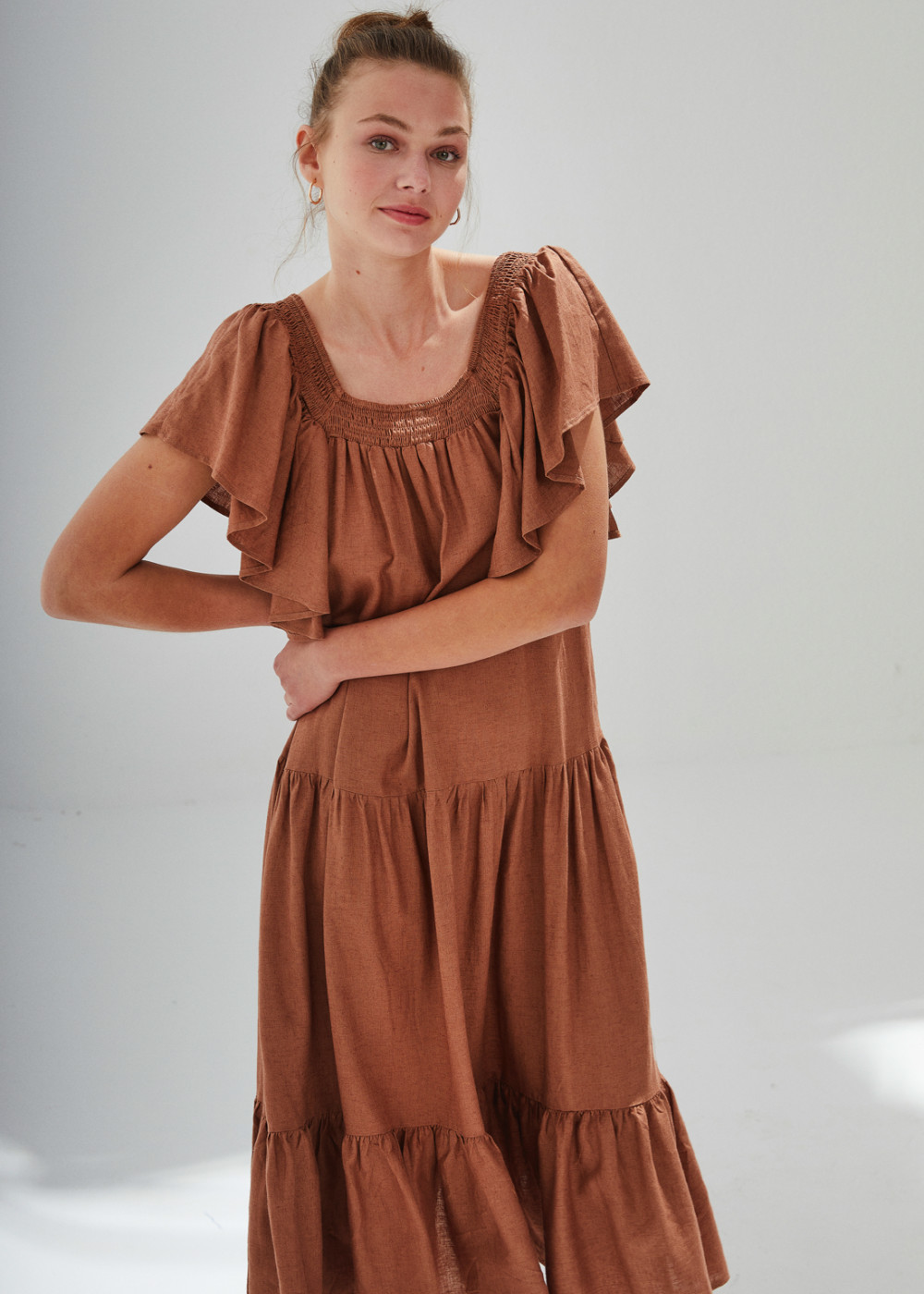 Linen Ruffle Detailed Midi Dress Linen Ruffle Detailed Midi Dress