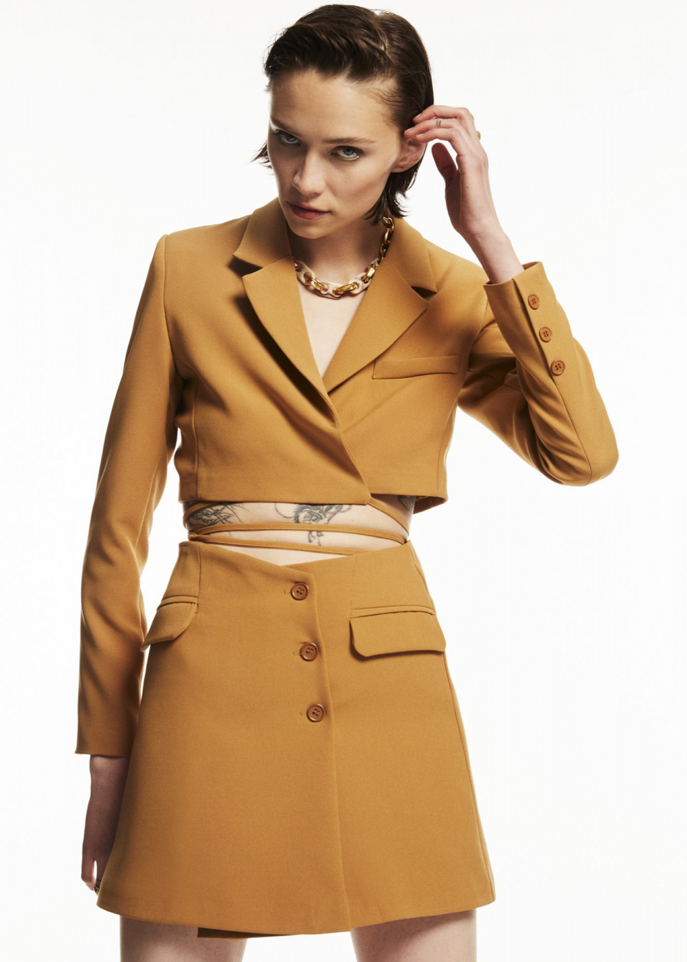 Tie Down Cropped Jacket - Skirt Suit