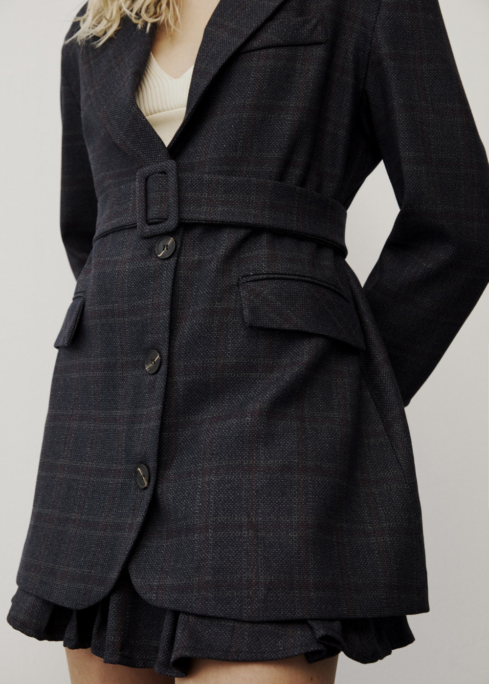 Belted Plaid Blazer Jacket Plaid Pleated Mini Skirt Belted Plaid Blazer Jacket Plaid Pleated Mini Skirt