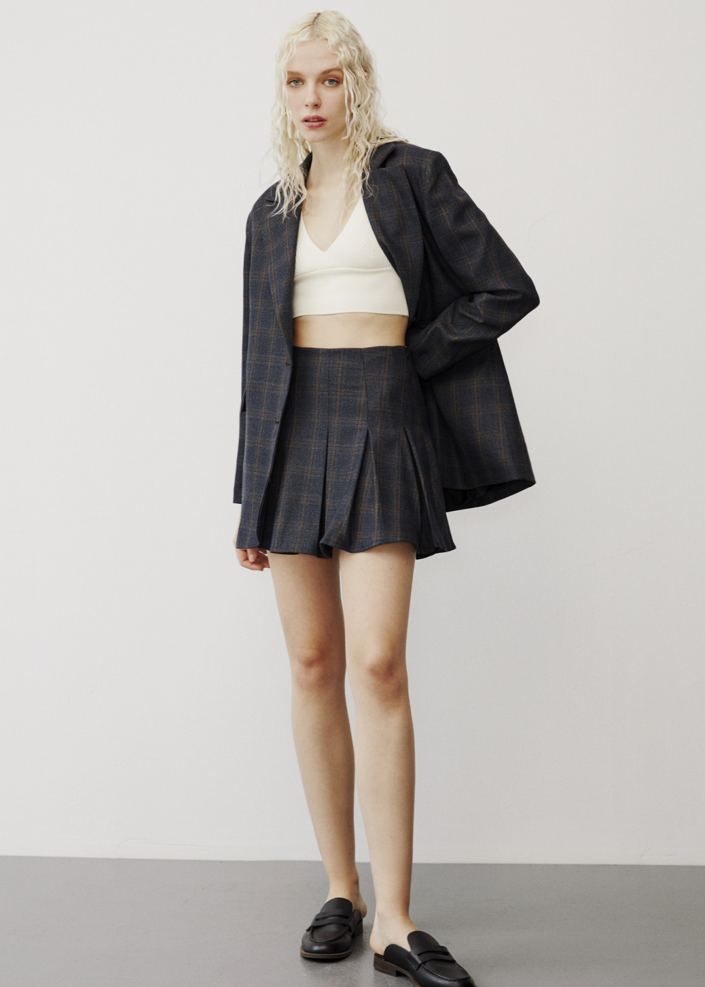 Belted Plaid Blazer Jacket Plaid Pleated Mini Skirt