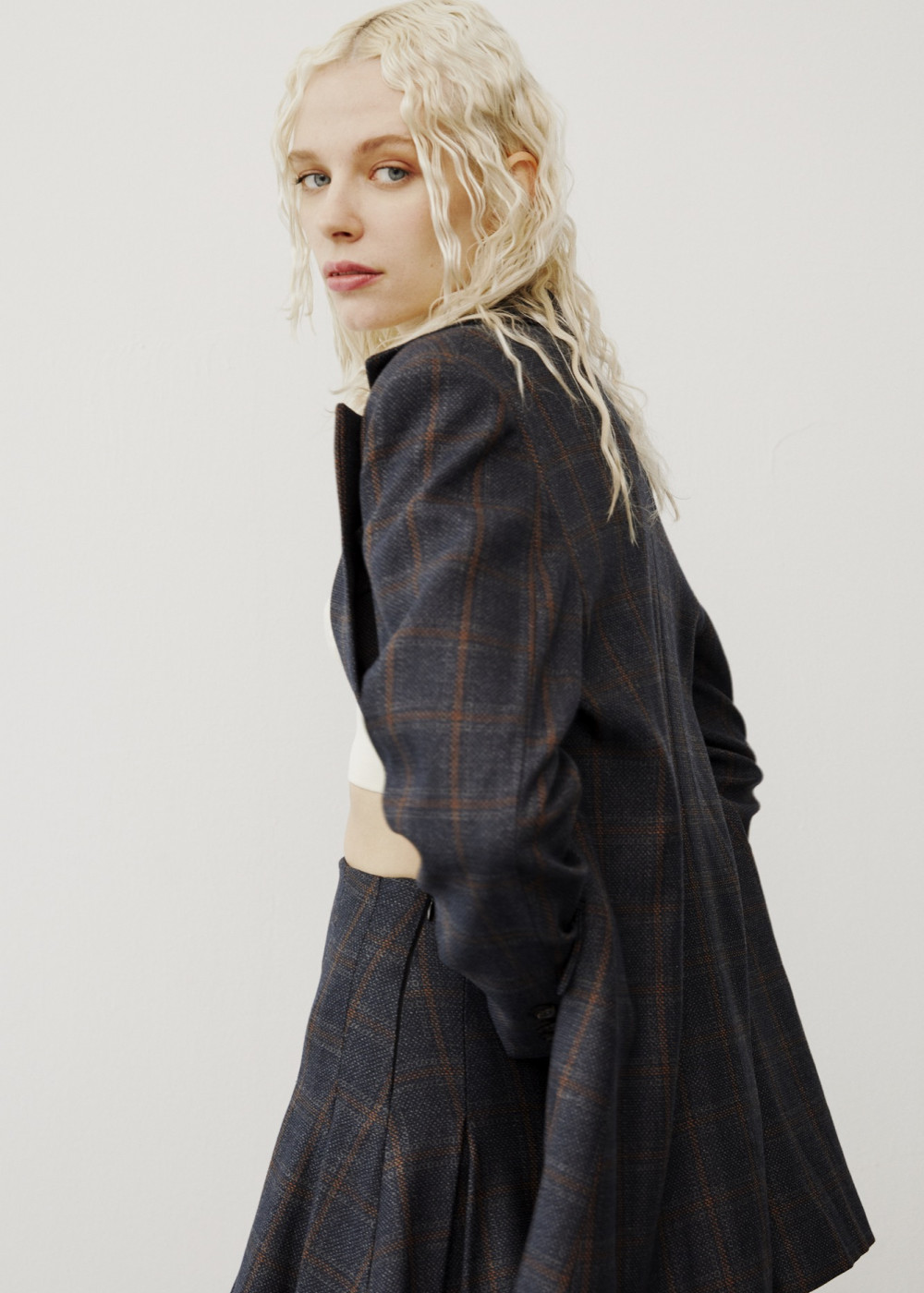 Belted Plaid Blazer Jacket Plaid Pleated Mini Skirt Belted Plaid Blazer Jacket Plaid Pleated Mini Skirt