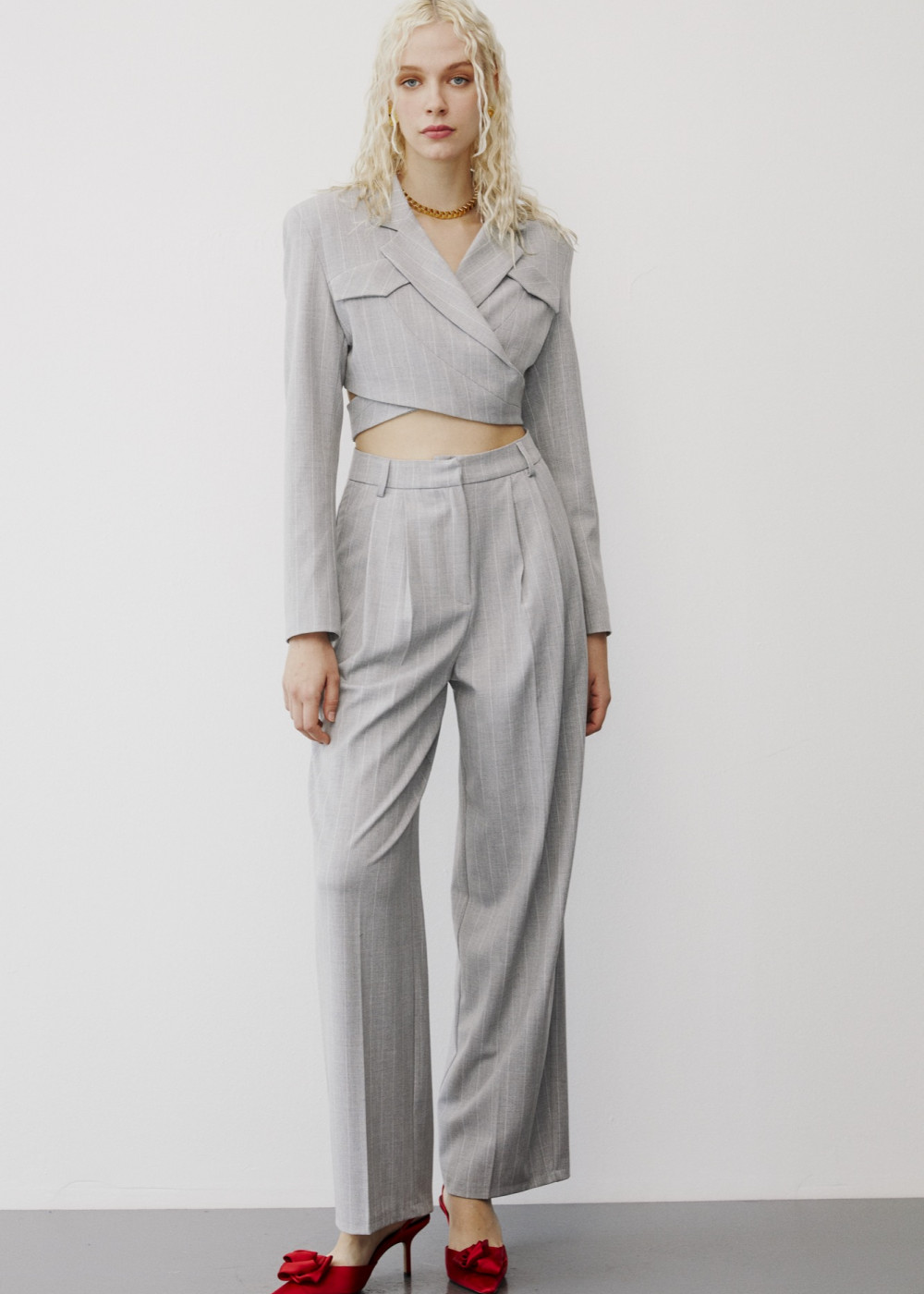 Double Breasted Crop Jacket - Stripped Palazzo Pants Double Breasted Crop Jacket - Stripped Palazzo Pants