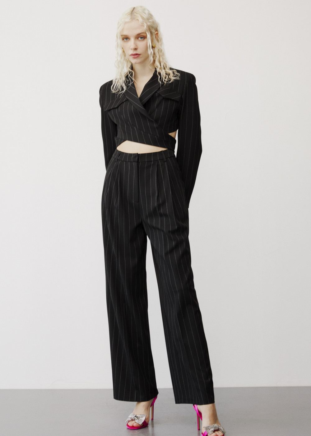 Double Breasted Crop Jacket - Stripped Palazzo Pants