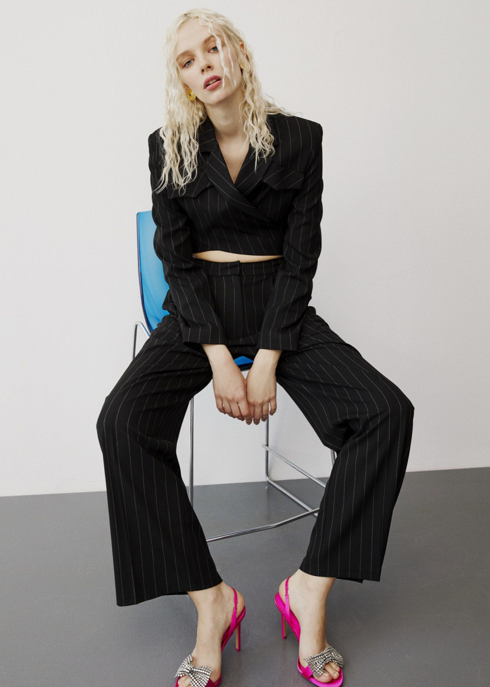 Double Breasted Crop Jacket - Stripped Palazzo Pants