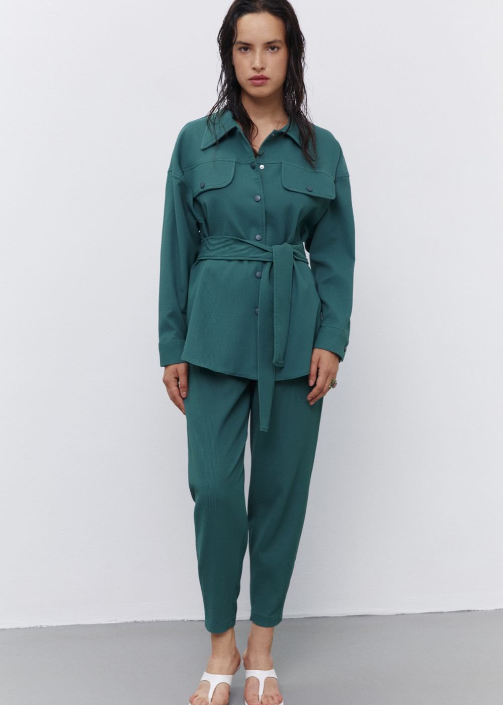 Belted Shirt - Textured Pants Belted Shirt - Textured Pants