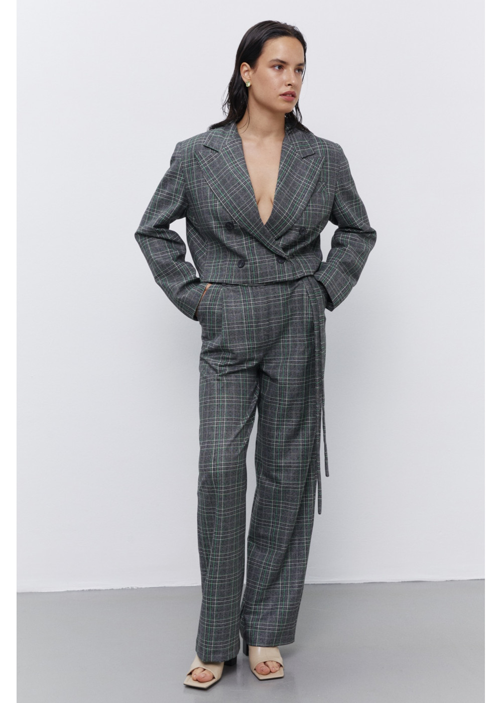 Plaid Crop Blazer - Plaid Palazzo Pants