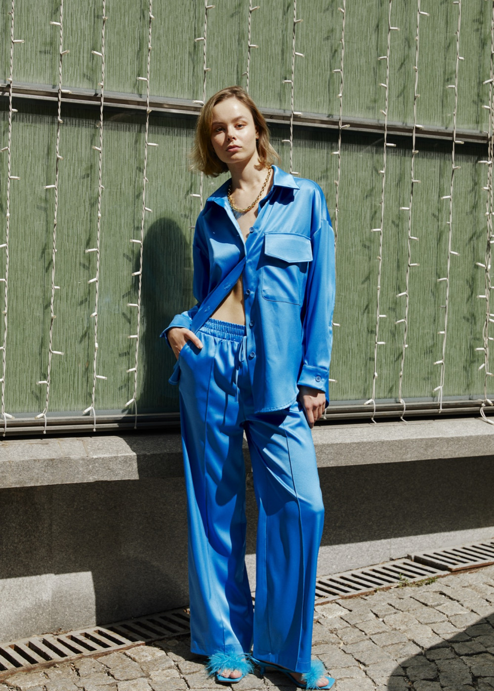 Satin Oversized Thin Jacket Shirt - Long Leg Satin Pants Satin Oversized Thin Jacket Shirt - Long Leg Satin Pants