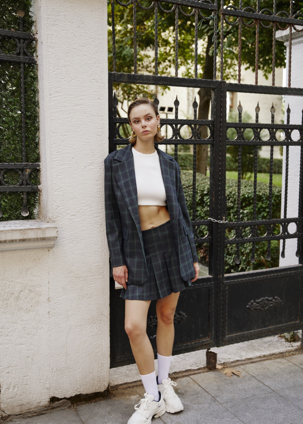 Belted Plaid Blazer Jacket Plaid Pleated Mini Skirt Belted Plaid Blazer Jacket Plaid Pleated Mini Skirt
