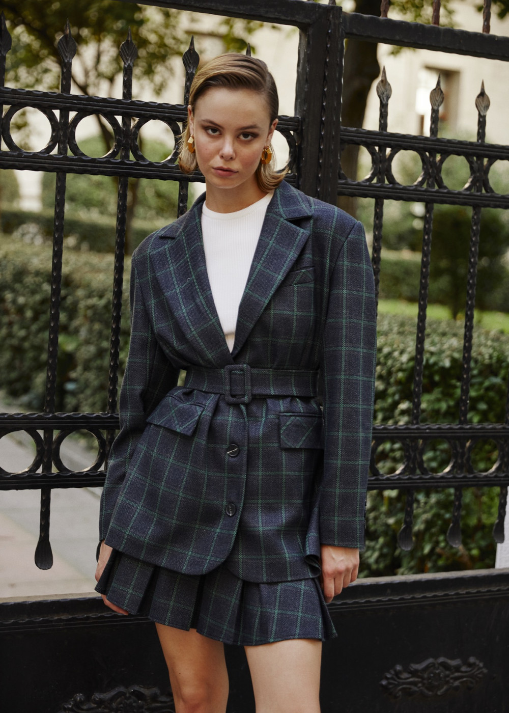 Belted Plaid Blazer Jacket Plaid Pleated Mini Skirt Belted Plaid Blazer Jacket Plaid Pleated Mini Skirt