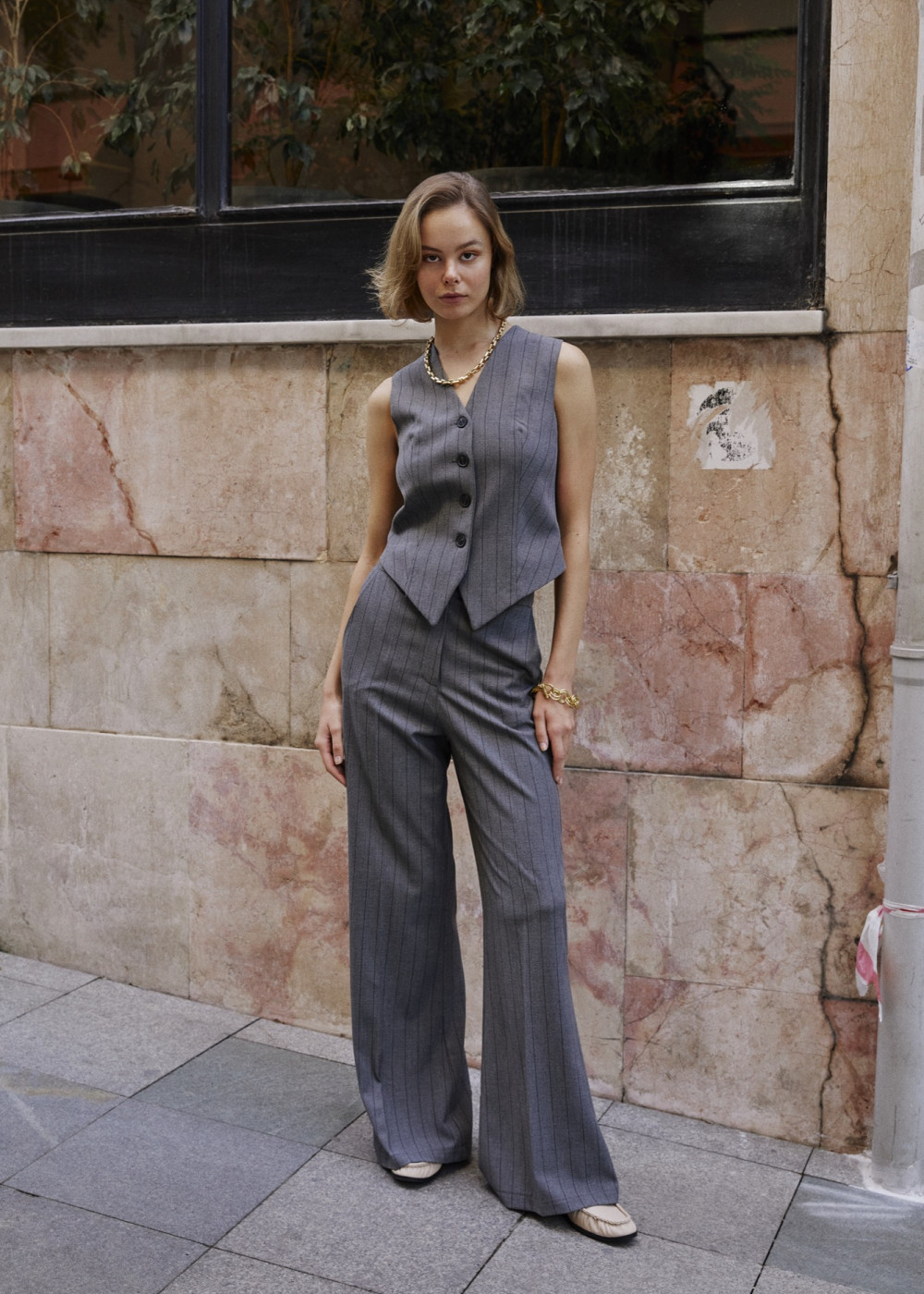 Special Sewing Vest - Striped Pleated Trousers