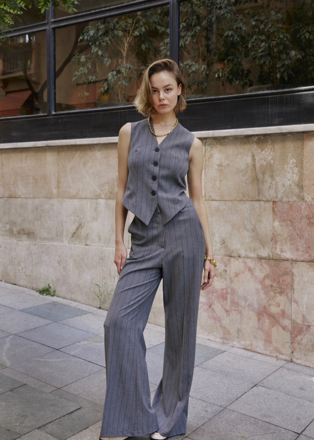 Special Sewing Vest - Striped Pleated Trousers