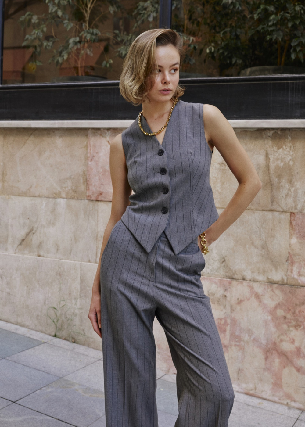 Special Sewing Vest - Striped Pleated Trousers Special Sewing Vest - Striped Pleated Trousers