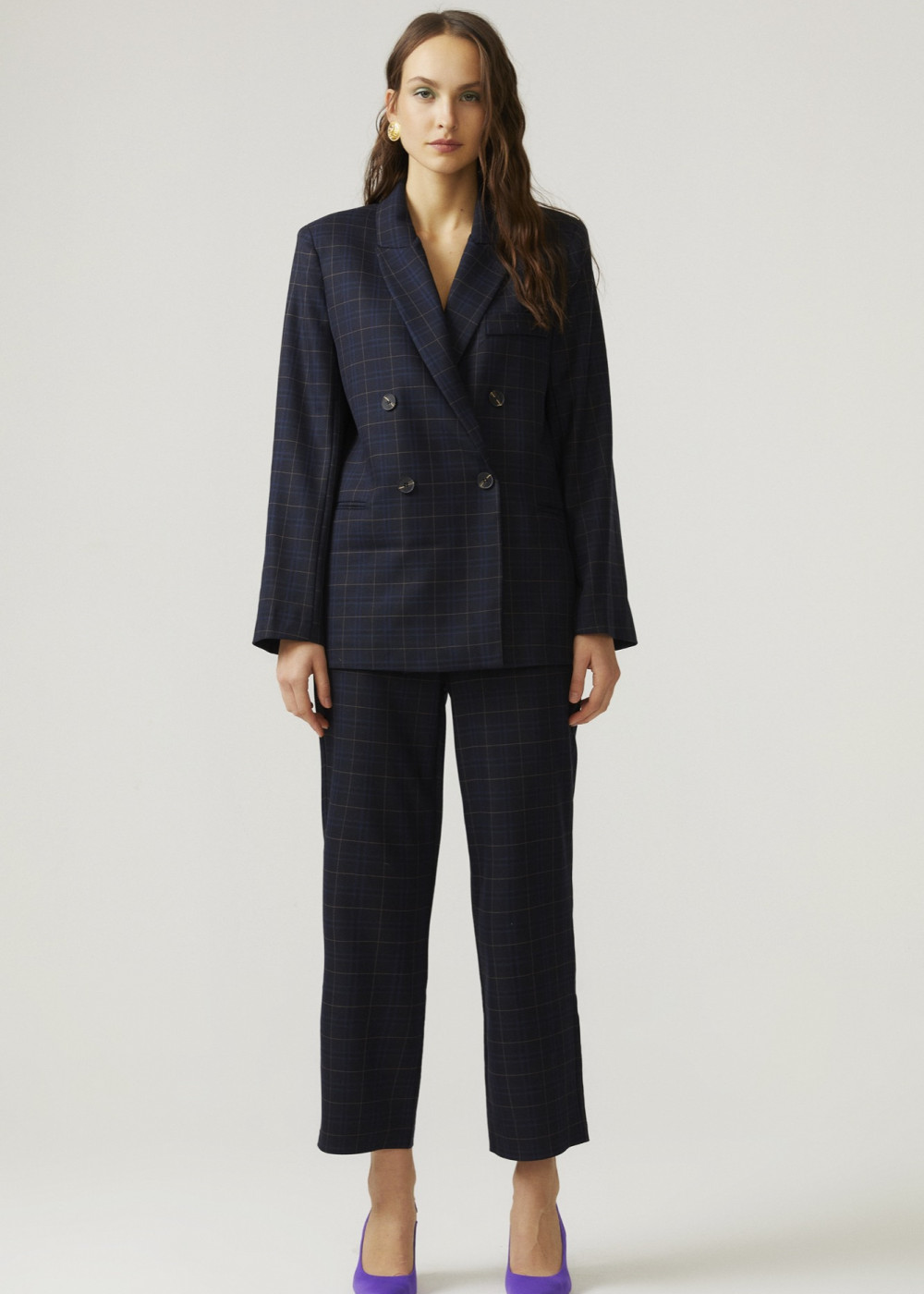 Plaid Double Breasted Jacket And Plaid Belted Trousers Plaid Double Breasted Jacket And Plaid Belted Trousers