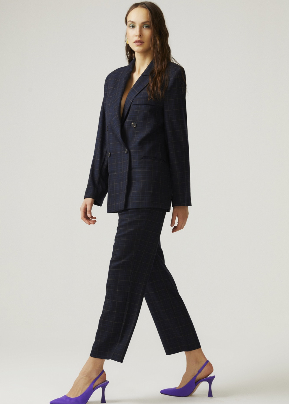 Plaid Double Breasted Jacket And Plaid Belted Trousers Plaid Double Breasted Jacket And Plaid Belted Trousers