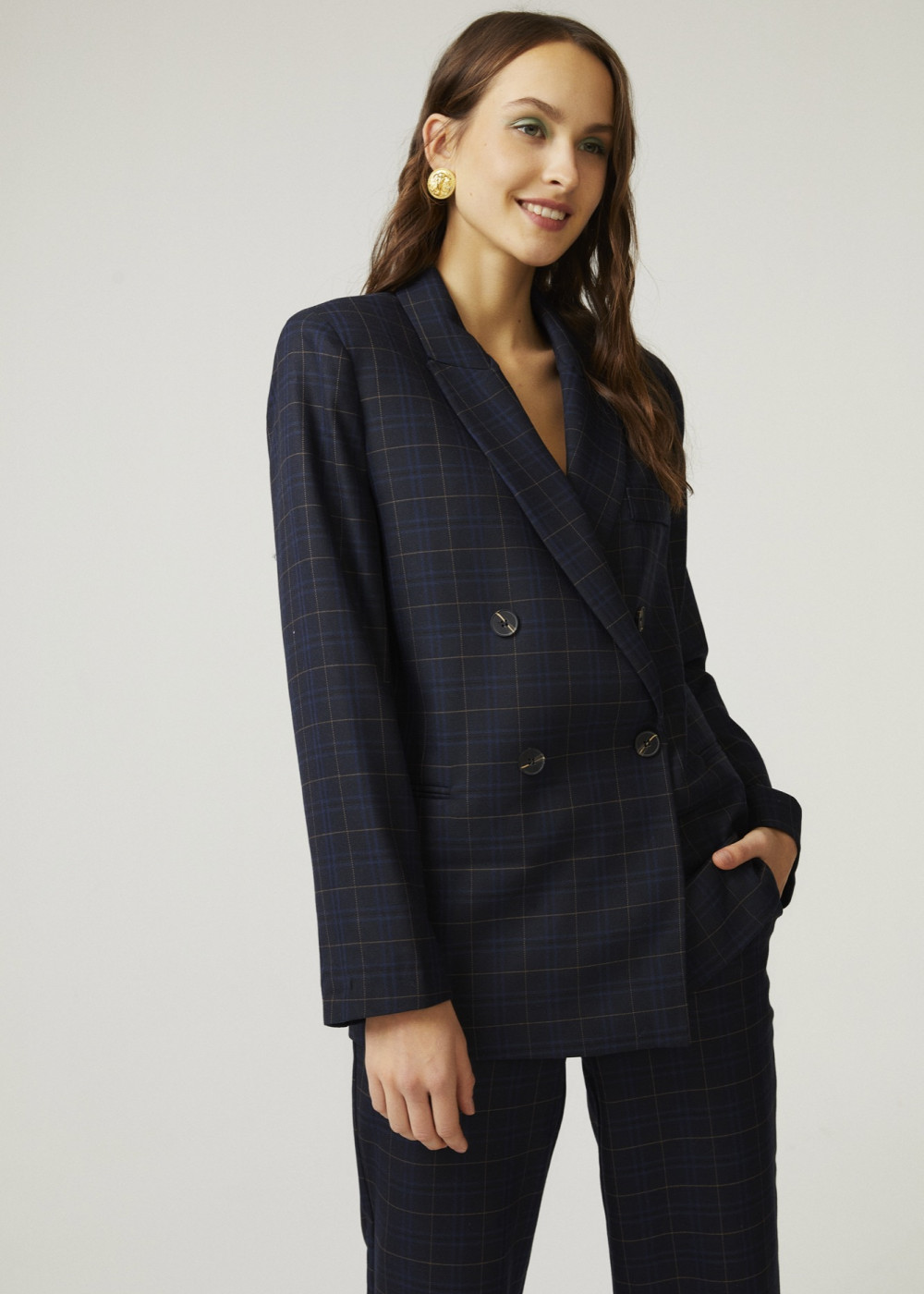 Plaid Double Breasted Jacket And Plaid Belted Trousers Plaid Double Breasted Jacket And Plaid Belted Trousers