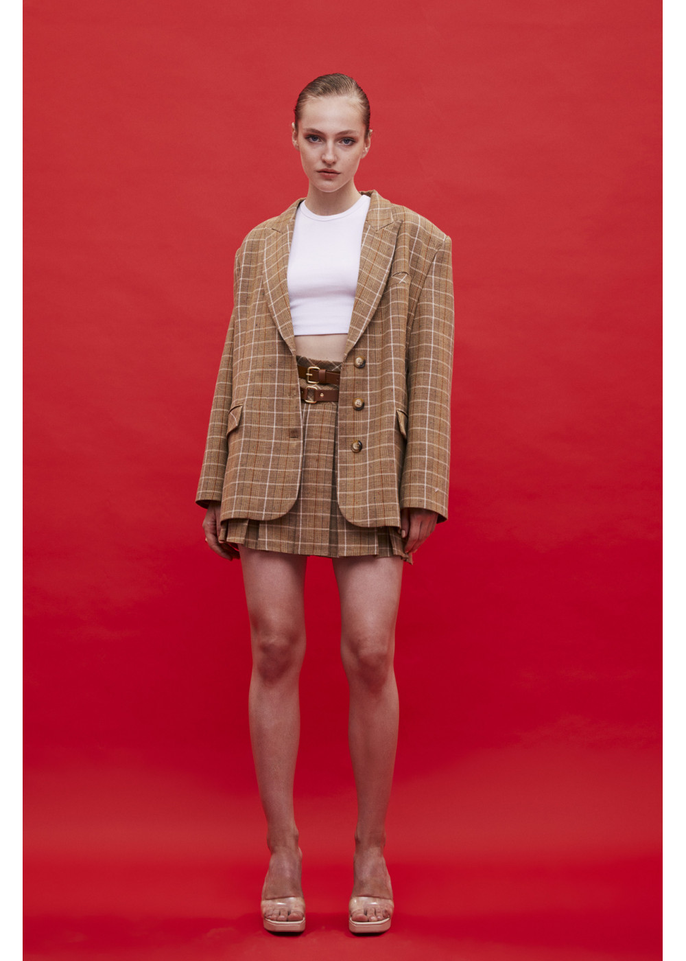 Design Oversized Plaid Jacket - Design Belt-Detailed Mini Skirt
