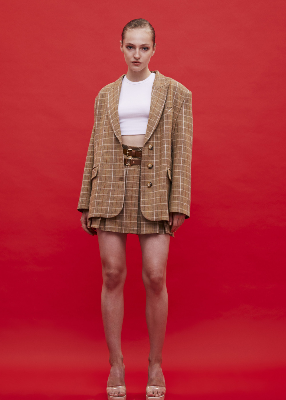 Design Oversized Plaid Jacket - Design Belt-Detailed Mini Skirt